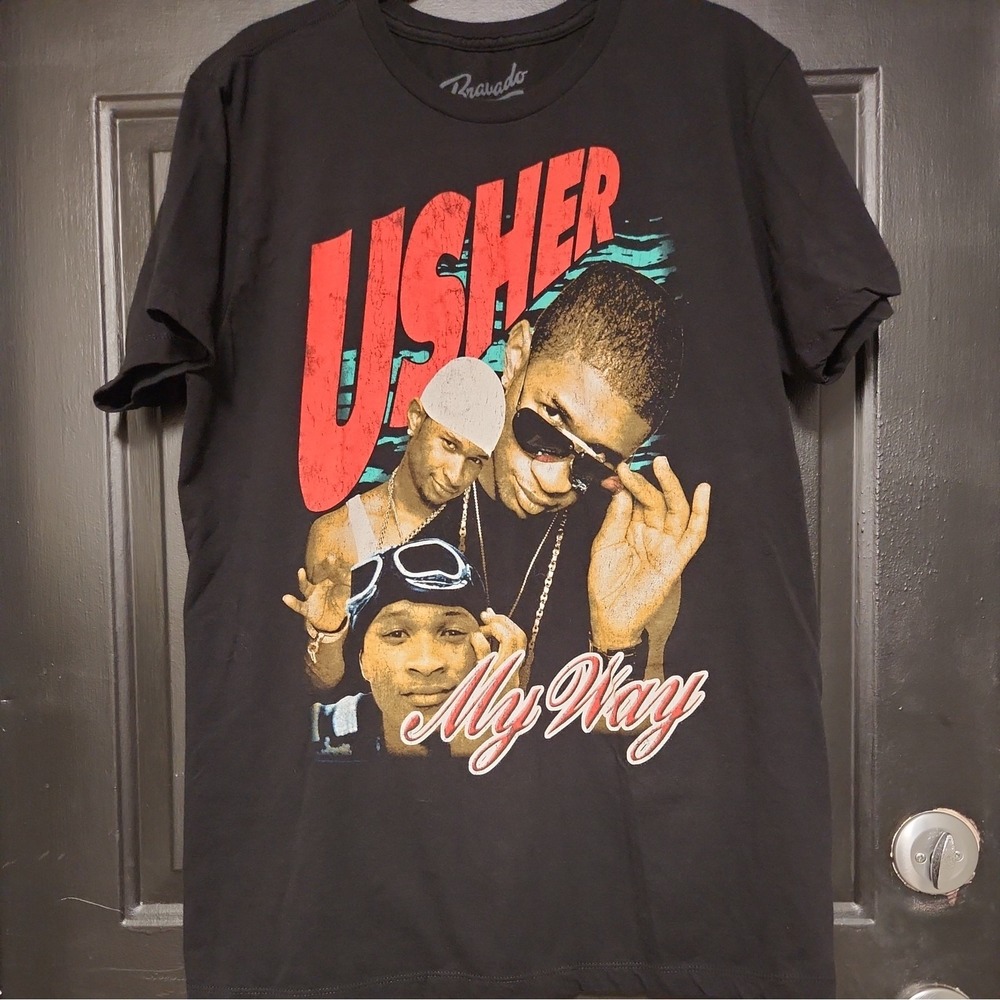USHER My Way T-Shirt Large Rap R&B Hip-Hop Music Short Sleeve Black Tee Cotton